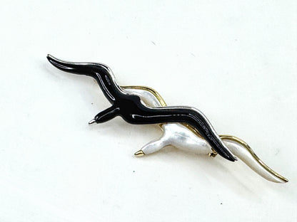 Vintage 14K two-tone gold onyx mother-of-pearl seagull pin 3" 10g JR1794