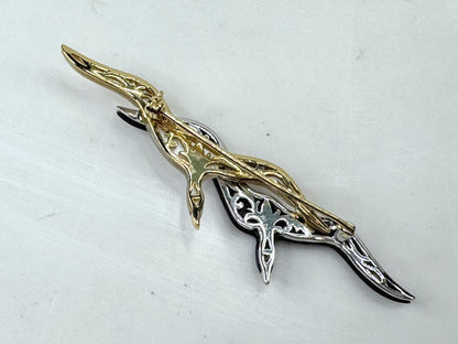 Vintage 14K two-tone gold onyx mother-of-pearl seagull pin 3" 10g JR1794