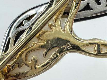 Vintage 14K two-tone gold onyx mother-of-pearl seagull pin 3" 10g JR1794