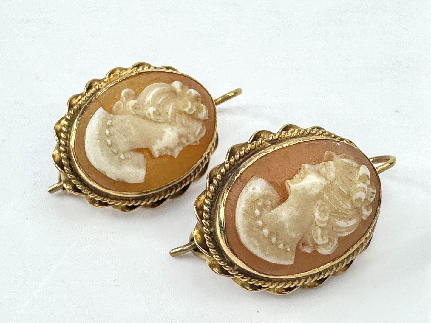 Early Century 14K Gold Shell Cameo Twist Border Earrings 5.1g 1" JR1795