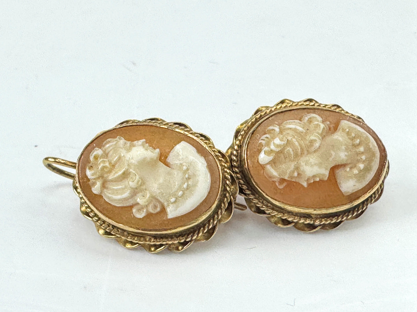 Early Century 14K Gold Shell Cameo Twist Border Earrings 5.1g 1" JR1795