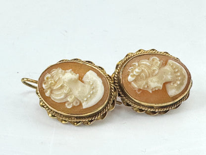 Early Century 14K Gold Shell Cameo Twist Border Earrings 5.1g 1" JR1795