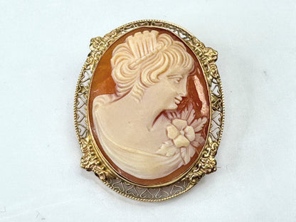 Antique 14K Carved Shell Cameo Brooch Pendant  1 3/8" JR1796