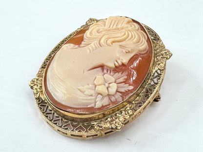 Antique 14K Carved Shell Cameo Brooch Pendant  1 3/8" JR1796