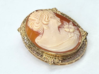 Antique 14K Carved Shell Cameo Brooch Pendant  1 3/8" JR1796