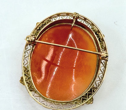 Antique 14K Carved Shell Cameo Brooch Pendant  1 3/8" JR1796