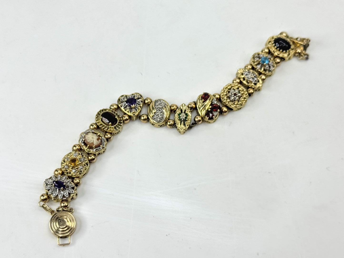 Vintage 14K Gold Multi Gemstone Slide Charm Bracelet JR1797