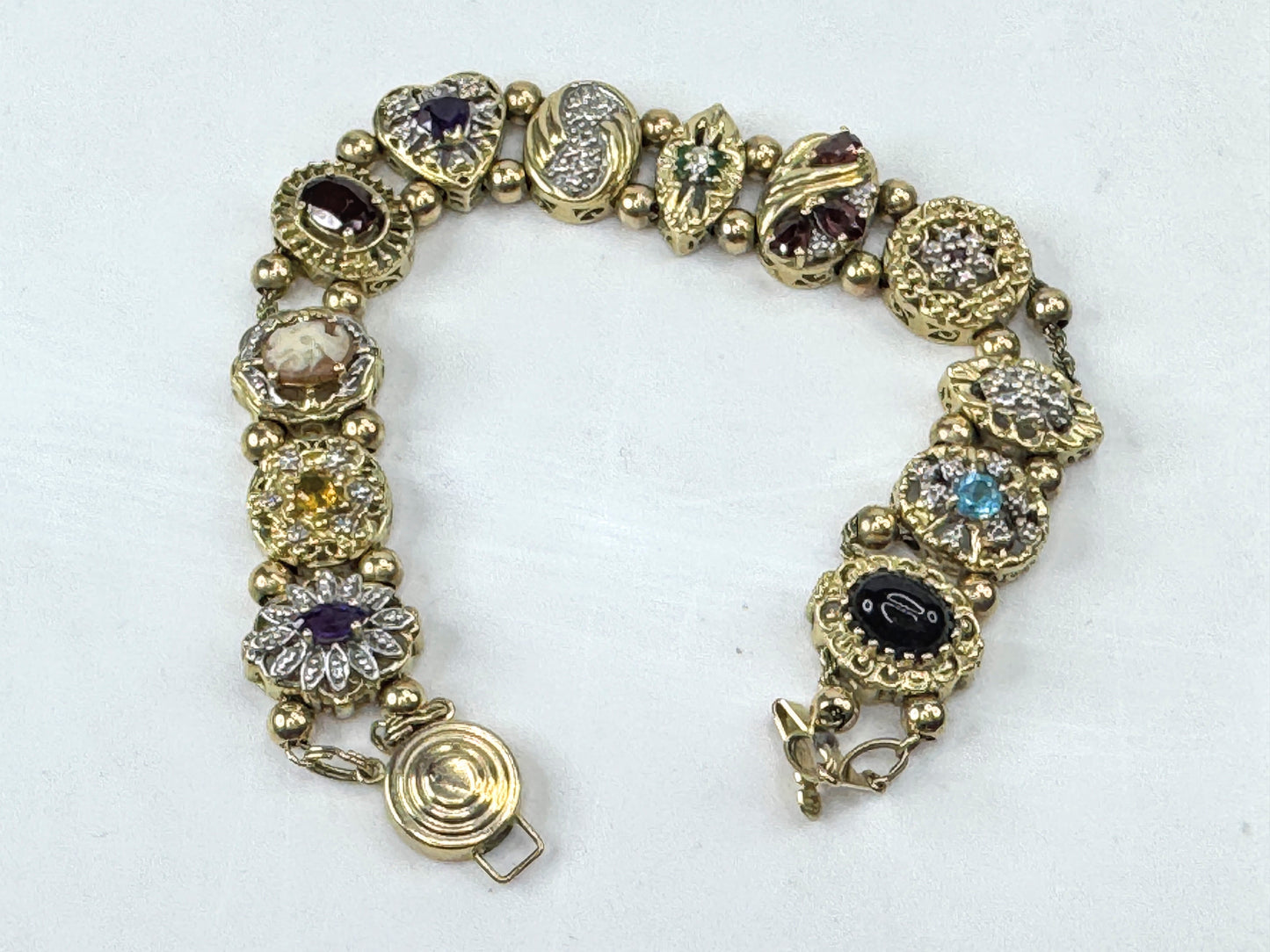 Vintage 14K Gold Multi Gemstone Slide Charm Bracelet JR1797