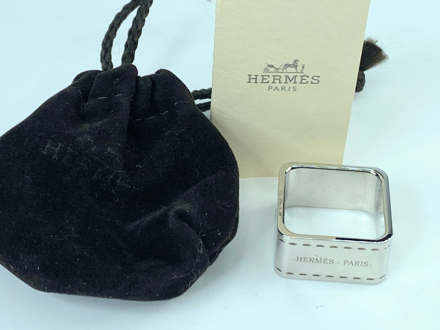Italy Hermès Bolduc Carriage silver tone square Scarf Ring in pouch GS443