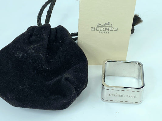 Italy Hermès Bolduc Carriage silver tone square Scarf Ring in pouch GS443