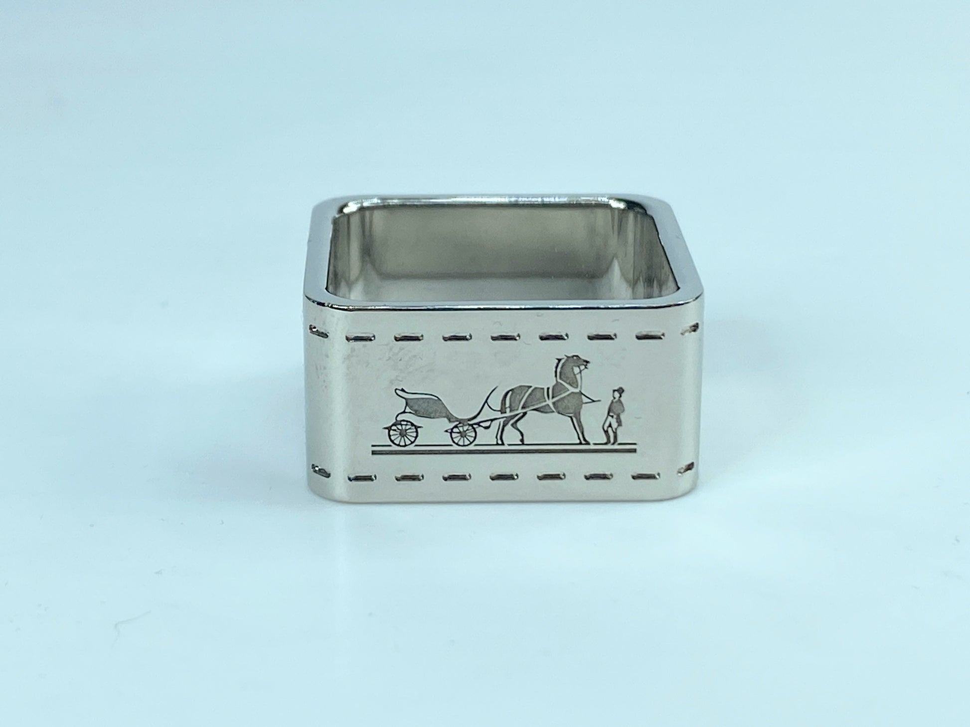 Italy Hermès Bolduc Carriage silver tone square Scarf Ring in pouch GS443