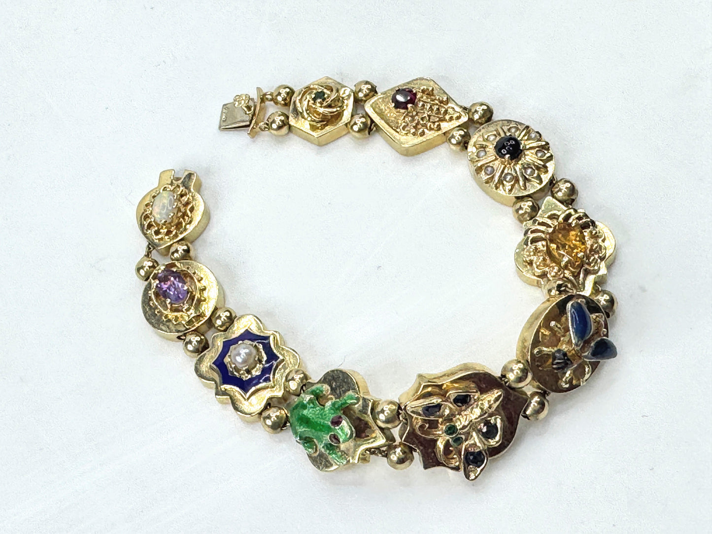 Victorian Revival 14K Gold Multi Gemstone Enamel Slide Bracelet  29g 7.0" JR1806