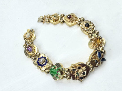 Victorian Revival 14K Gold Multi Gemstone Enamel Slide Bracelet  29g 7.0" JR1806