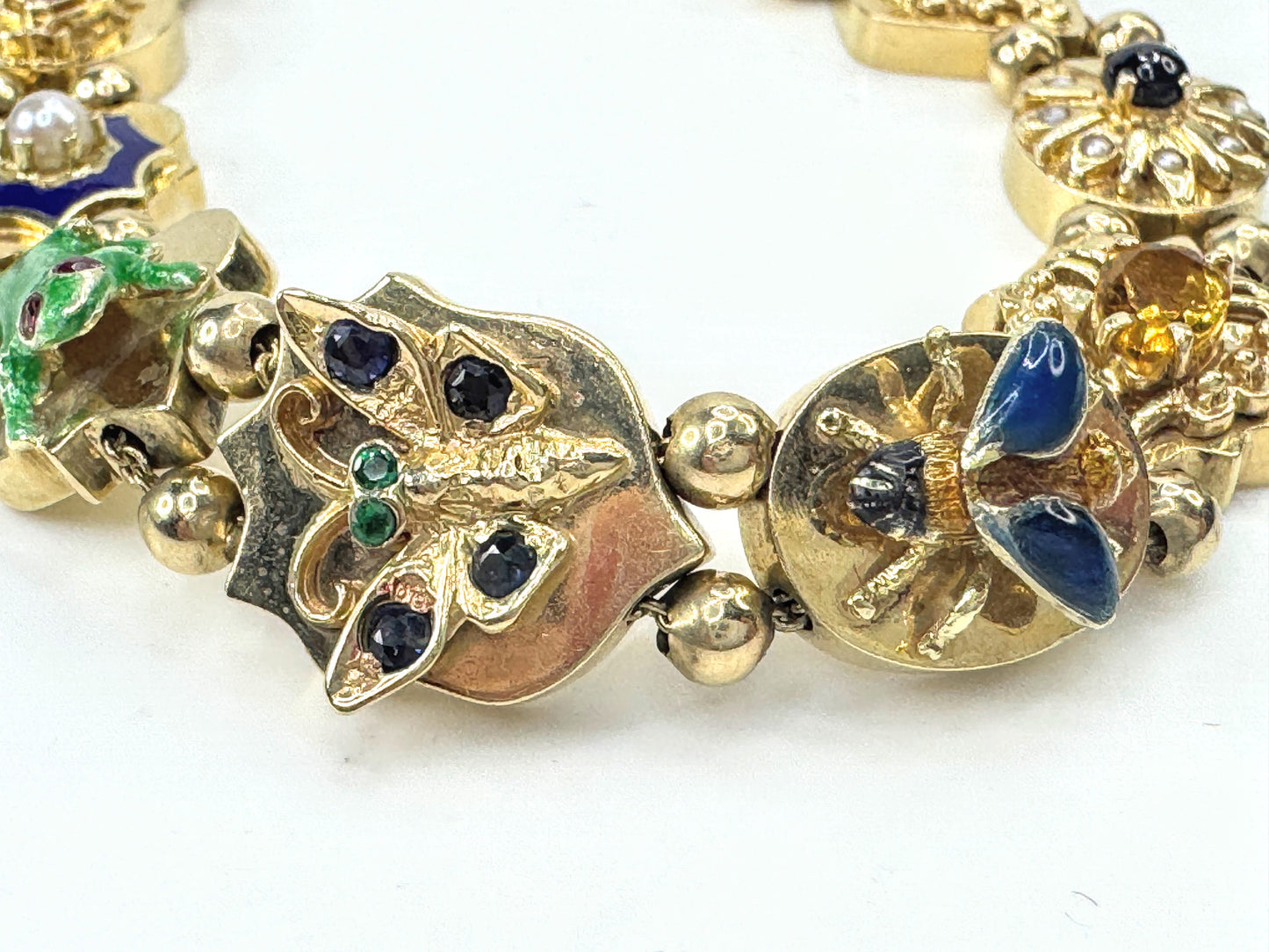 Victorian Revival 14K Gold Multi Gemstone Enamel Slide Bracelet  29g 7.0" JR1806