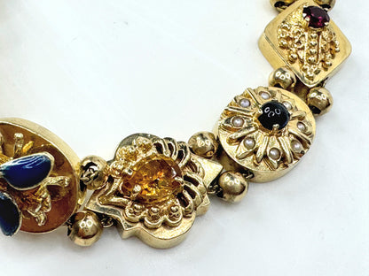 Victorian Revival 14K Gold Multi Gemstone Enamel Slide Bracelet  29g 7.0" JR1806