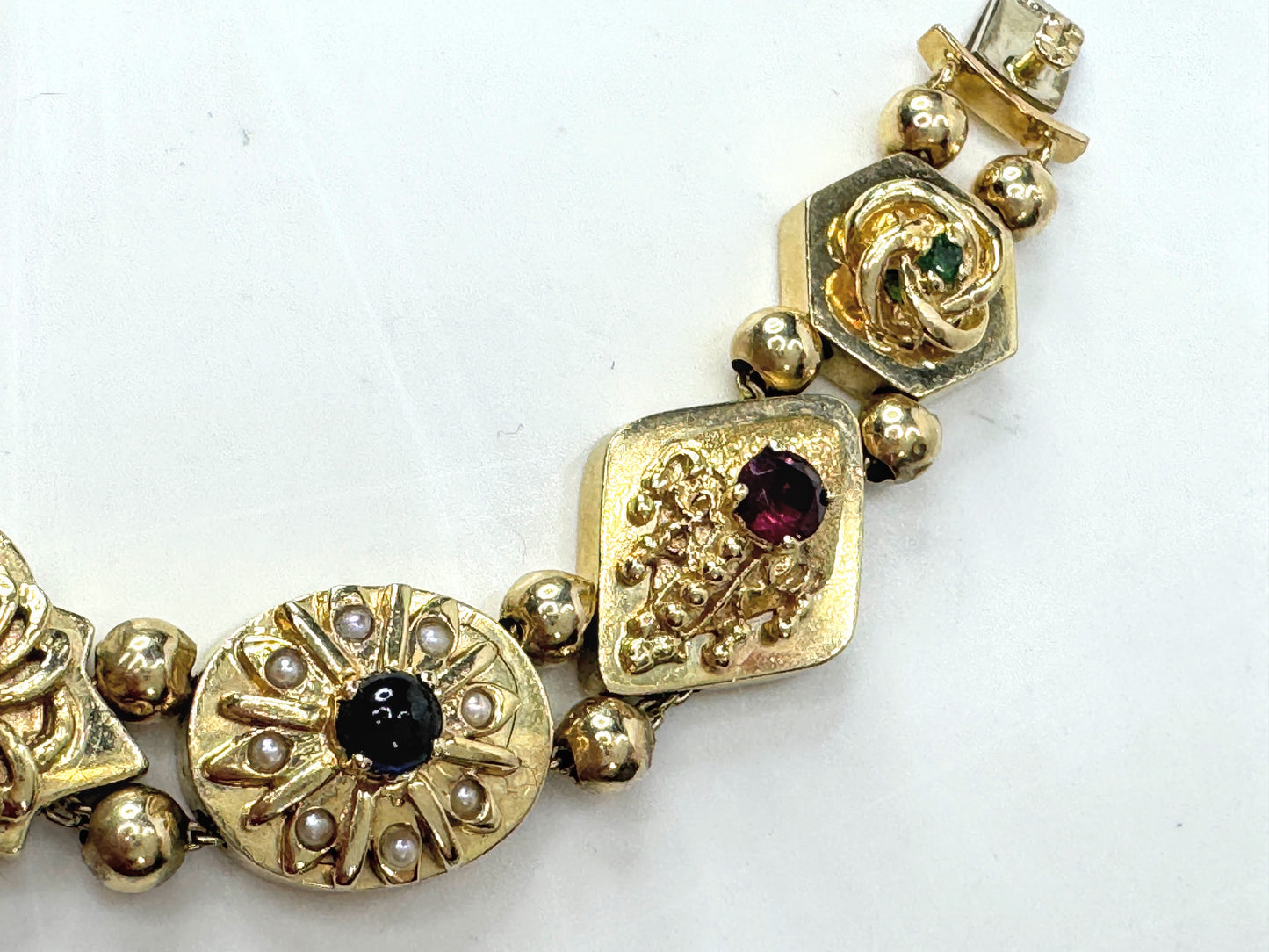 Victorian Revival 14K Gold Multi Gemstone Enamel Slide Bracelet  29g 7.0" JR1806
