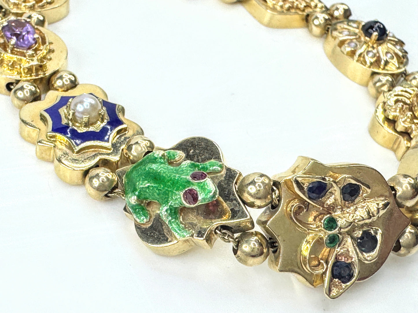 Victorian Revival 14K Gold Multi Gemstone Enamel Slide Bracelet  29g 7.0" JR1806