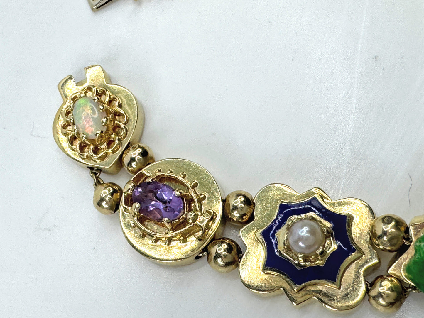 Victorian Revival 14K Gold Multi Gemstone Enamel Slide Bracelet  29g 7.0" JR1806