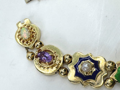 Victorian Revival 14K Gold Multi Gemstone Enamel Slide Bracelet  29g 7.0" JR1806