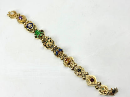 Victorian Revival 14K Gold Multi Gemstone Enamel Slide Bracelet  29g 7.0" JR1806