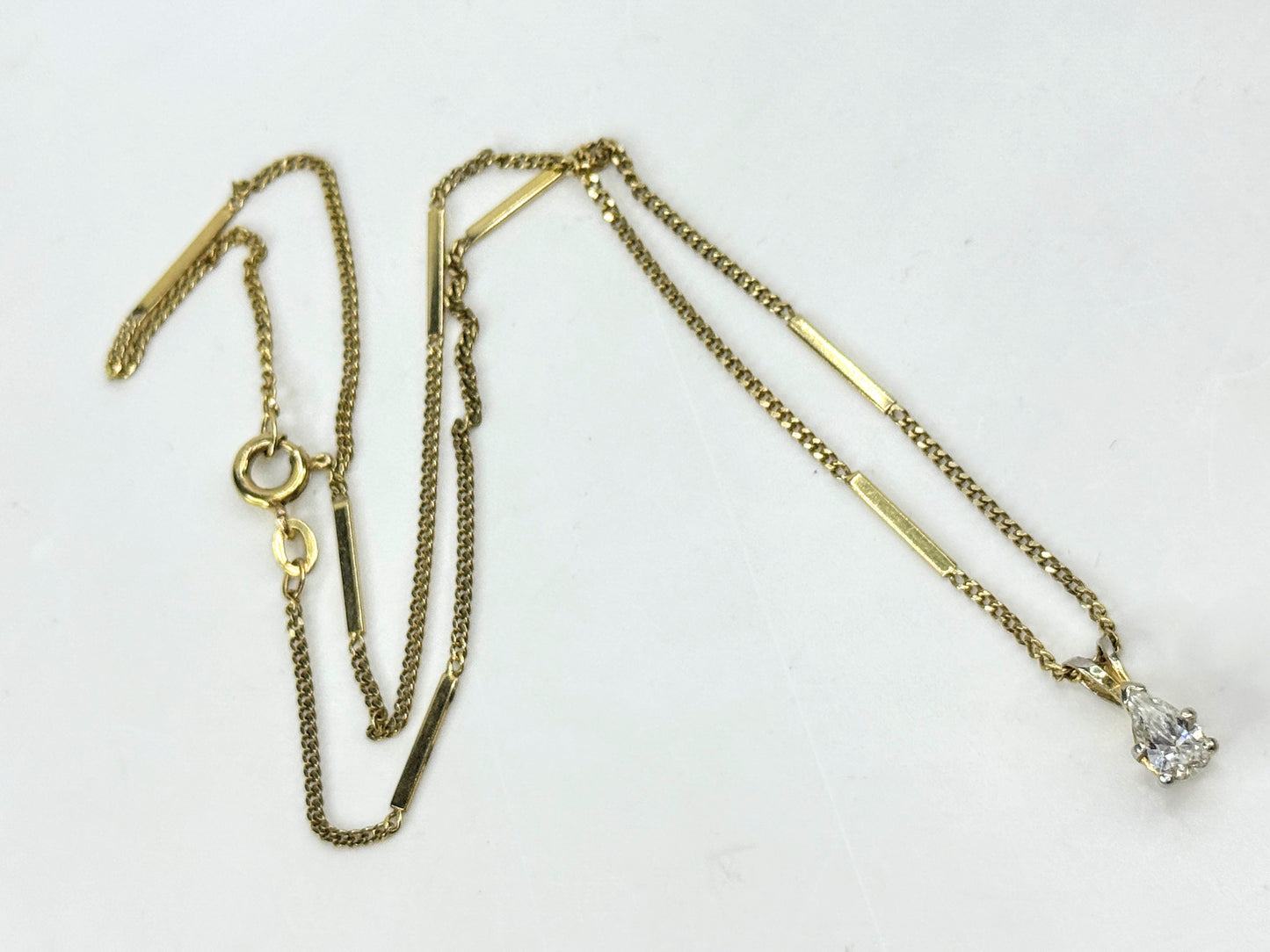 14K Yellow Gold 0.7ct Pear natural Diamond Bar Chain Necklace 3.9g 16 1/4"JR1807