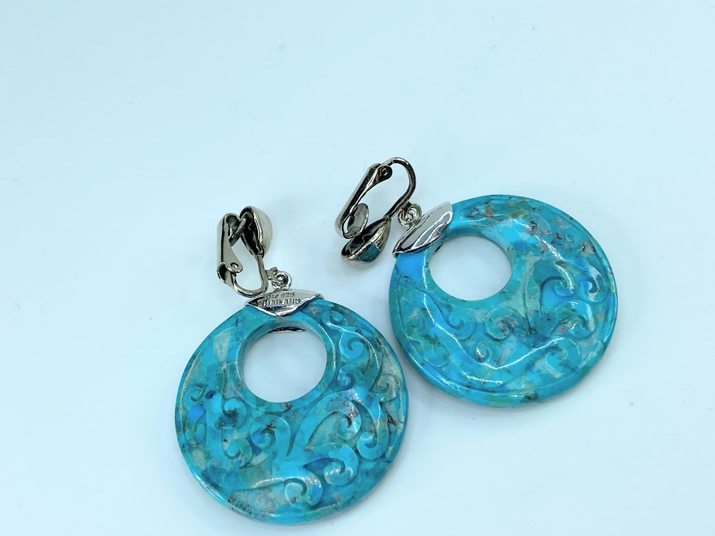 Sterling Turquoise high relief hand carved scroll Disc earring