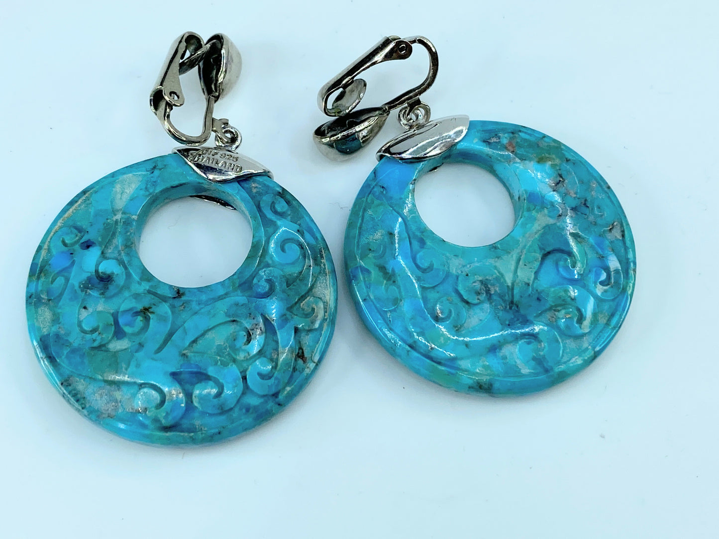 Sterling Turquoise high relief hand carved scroll Disc earring