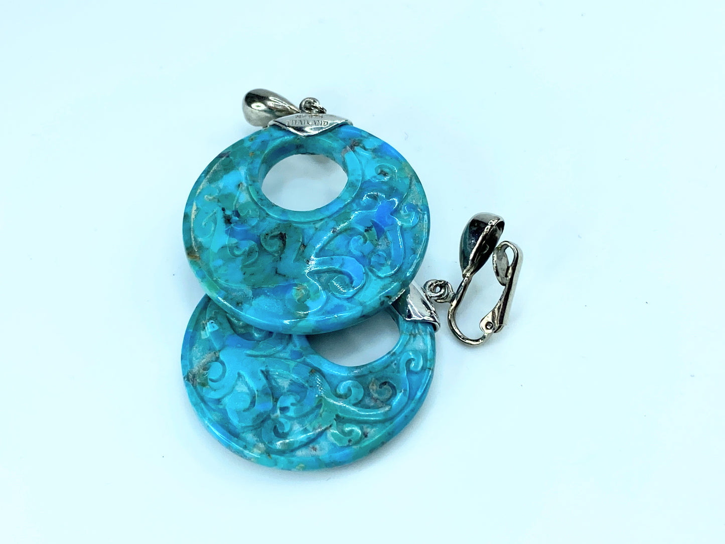 Sterling Turquoise high relief hand carved scroll Disc earring