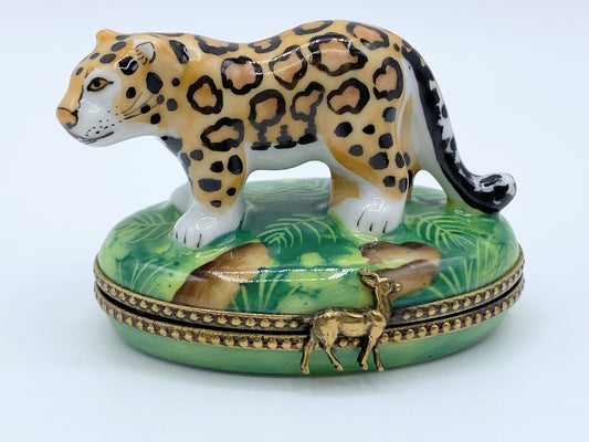 Limoges France Rochard Leopard (Cub) on pasture hinged trinket box