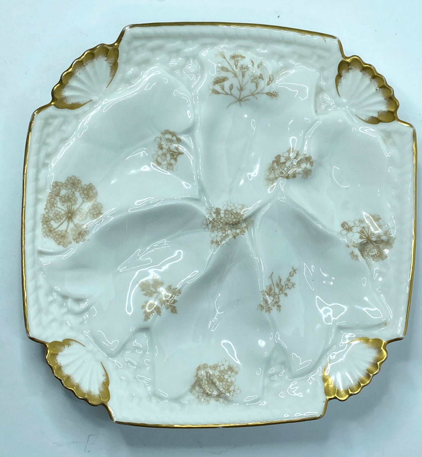 Limoges T.V botanical sprays soft gold scalloped shell corner oyster plate A619