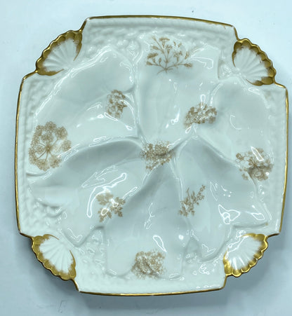 Limoges T.V botanical sprays soft gold scalloped shell corner oyster plate A619