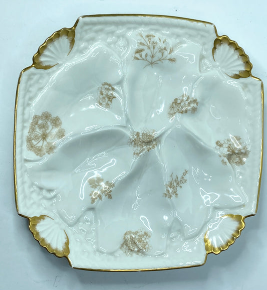 Limoges T.V botanical sprays soft gold scalloped shell corner oyster plate A619