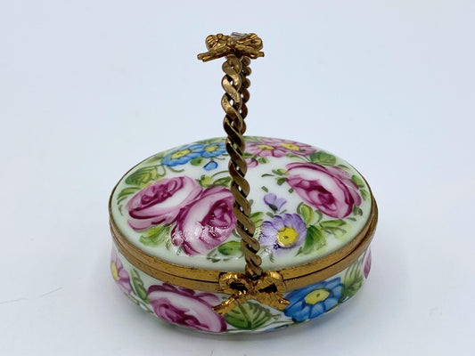 Limoges France Peint Main Flower basket Imperial handle trinket