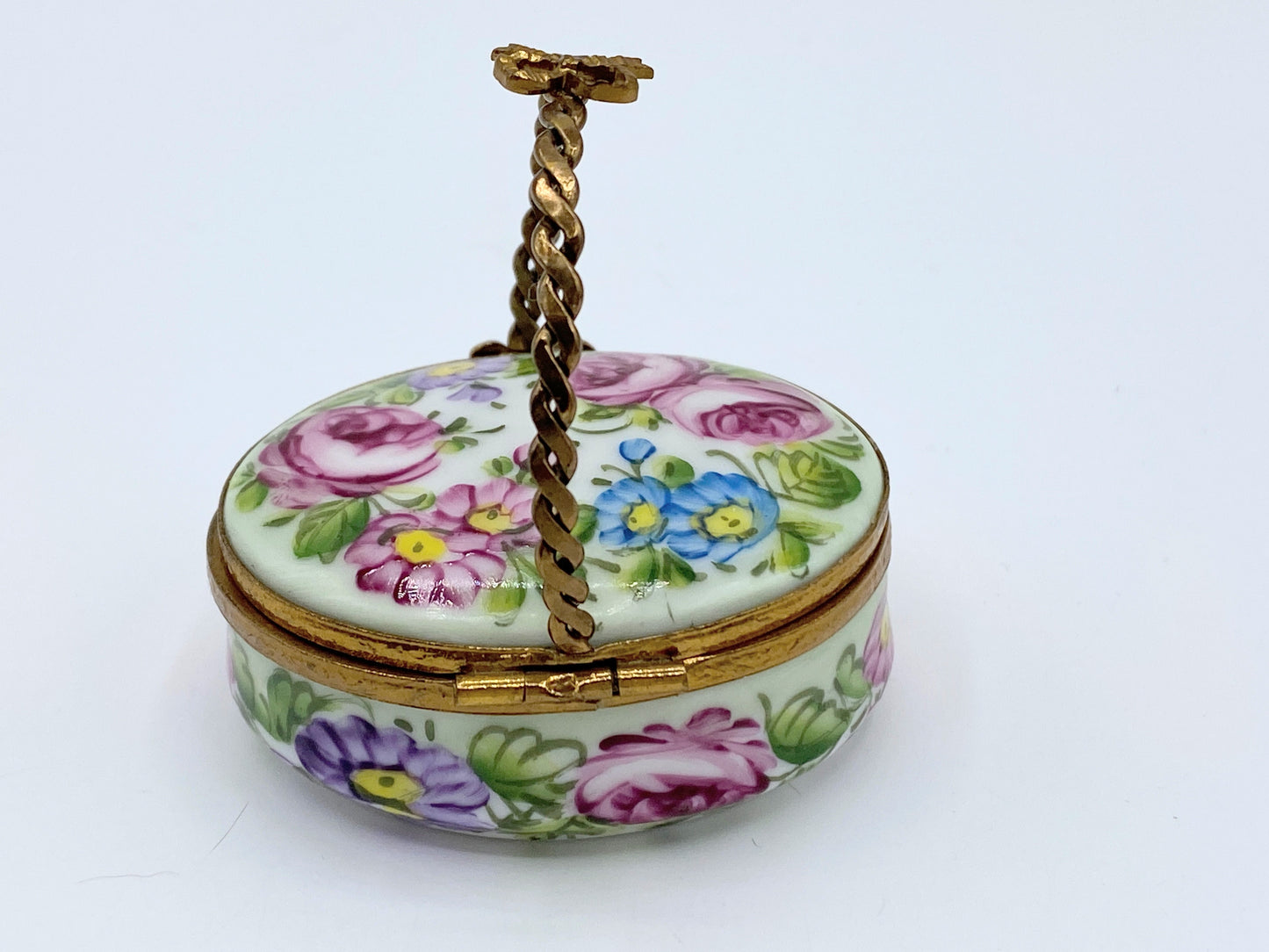 Limoges France Peint Main Flower basket Imperial handle trinket