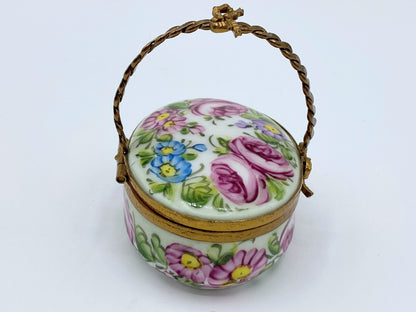 Limoges France Peint Main Flower basket Imperial handle trinket