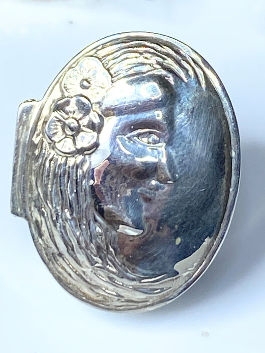 Sterling Silver Crescent Moon Lady's Face Pill Snuff hinged box 10.6g SS70