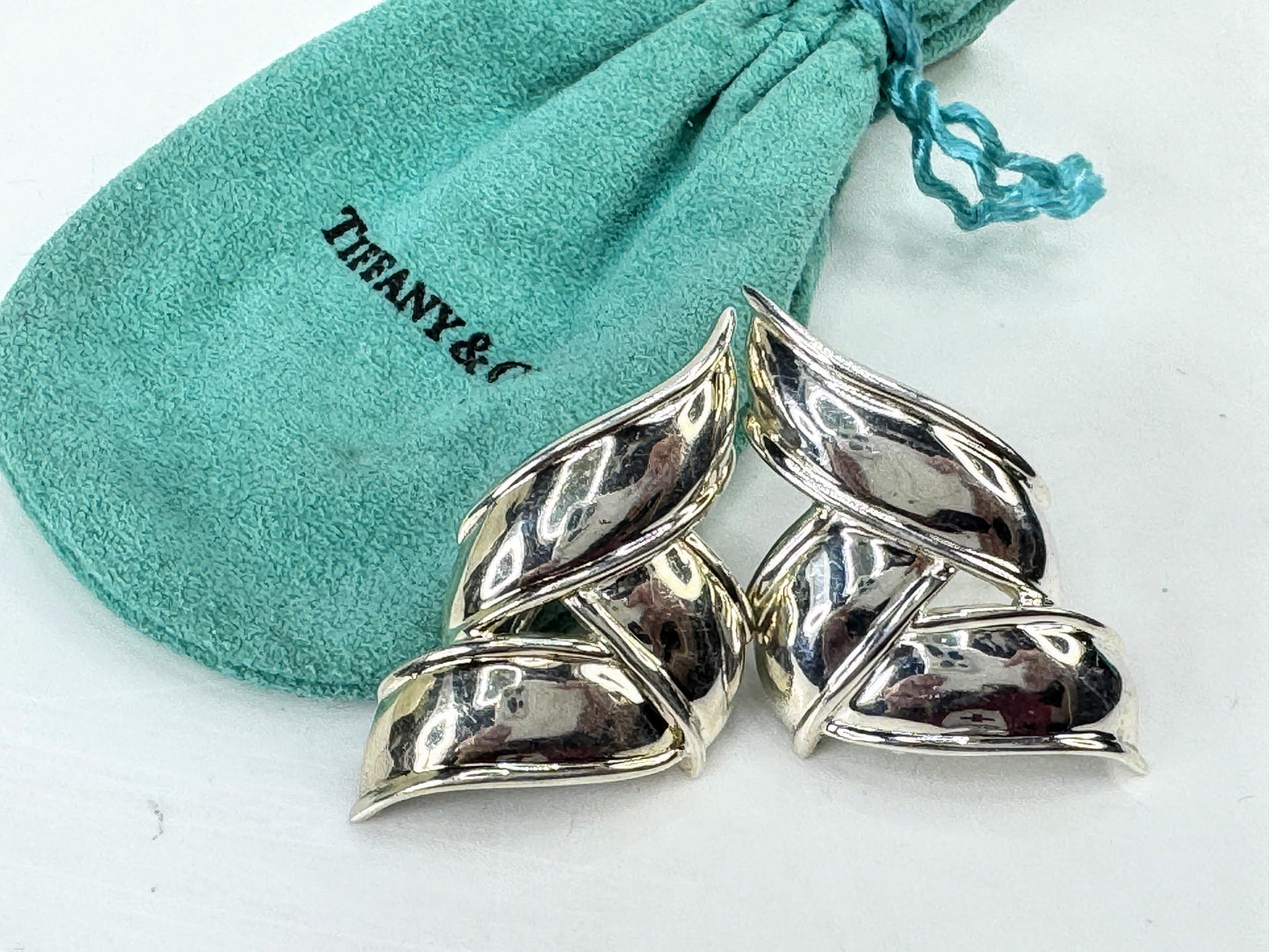 Vintage Tiffany & Co. Sterling Silver 1 7/8" Ribbon Bow Clip Earrings 17g JR1828