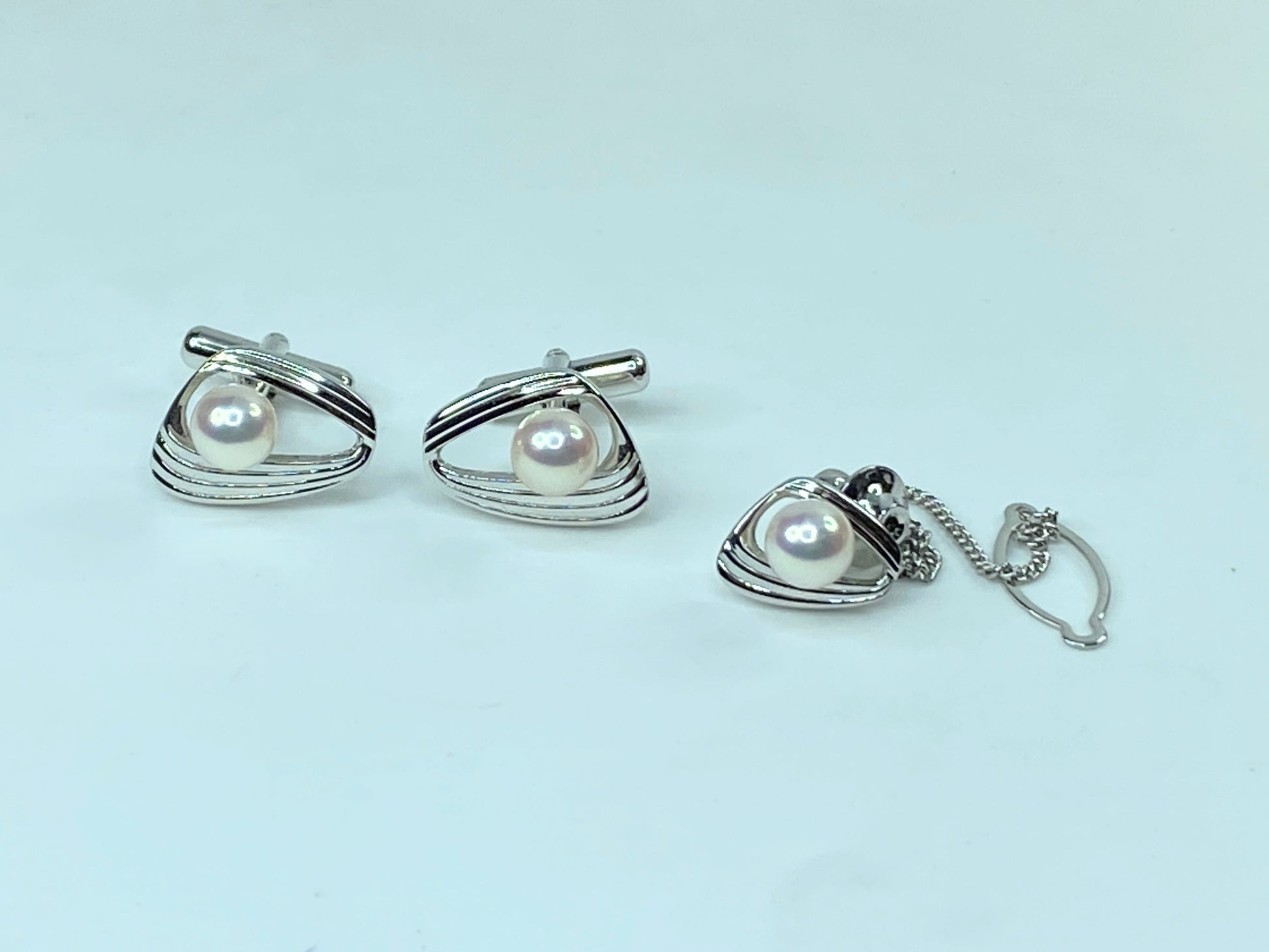 Sterling silver 7.6mm Akoya Cultured Pearl Cufflink Tie tack GS448