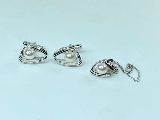 Sterling silver 7.6mm Akoya Cultured Pearl Cufflink Tie tack GS448