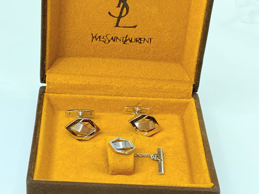 Yves Saint Laurent gold and silver tie pin and cufflinks set in box GS449