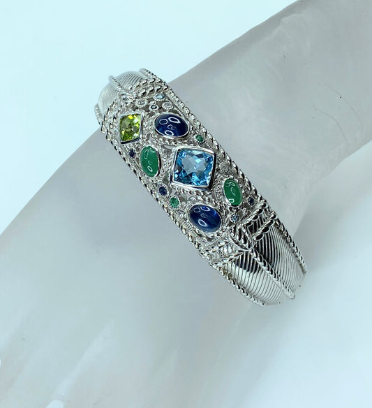 Judith Ripka Sterling Blues/Greens Multi-gemstone Hinged Cuff