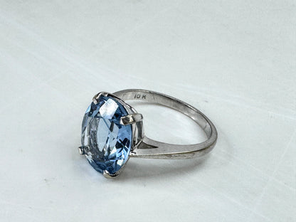 Art Deco 10K White Gold oval faceted Blue Topaz Ring Size 6.25 3.1g JR1830