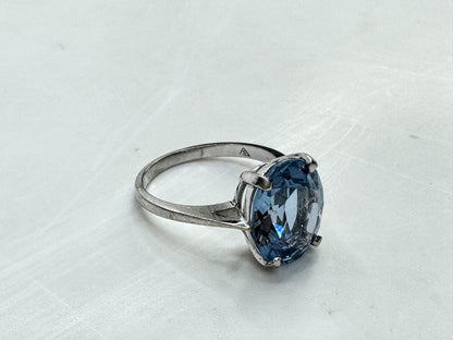 Art Deco 10K White Gold oval faceted Blue Topaz Ring Size 6.25 3.1g JR1830