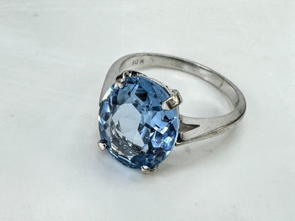 Art Deco 10K White Gold oval faceted Blue Topaz Ring Size 6.25 3.1g JR1830