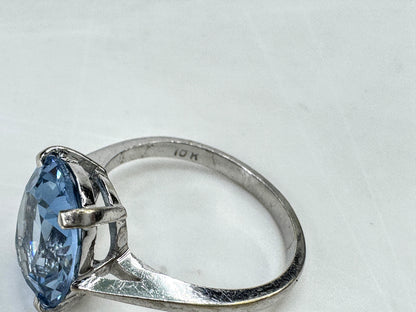 Art Deco 10K White Gold oval faceted Blue Topaz Ring Size 6.25 3.1g JR1830
