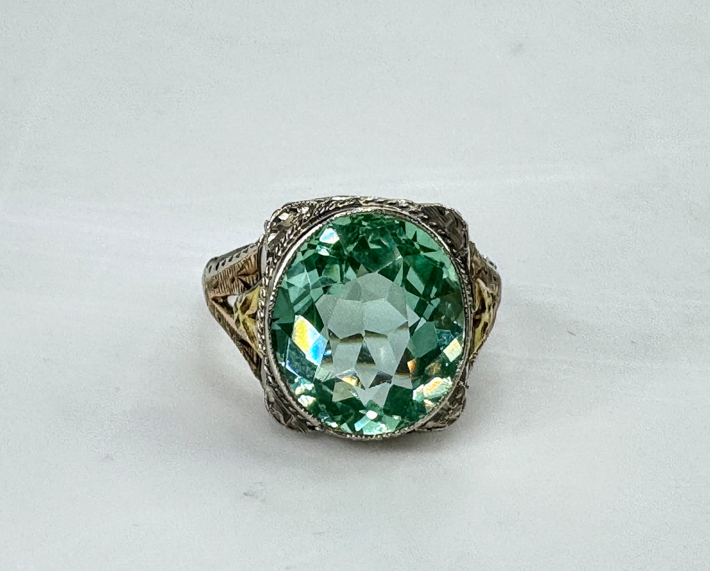 Vintage Rare 14K Two Tone Filigree Green Topaz Ring 3.5g Size 4 JR1831