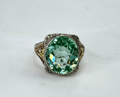 Vintage Rare 14K Two Tone Filigree Green Topaz Ring 3.5g Size 4 JR1831