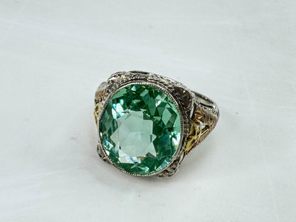 Vintage Rare 14K Two Tone Filigree Green Topaz Ring 3.5g Size 4 JR1831