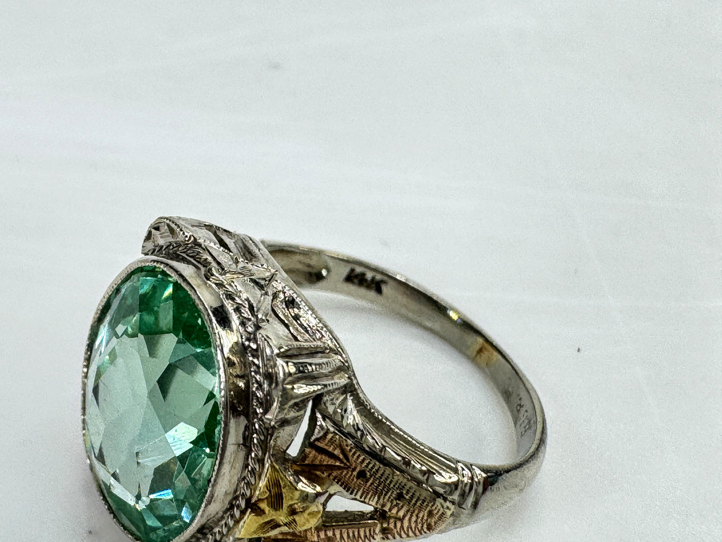 Vintage Rare 14K Two Tone Filigree Green Topaz Ring 3.5g Size 4 JR1831
