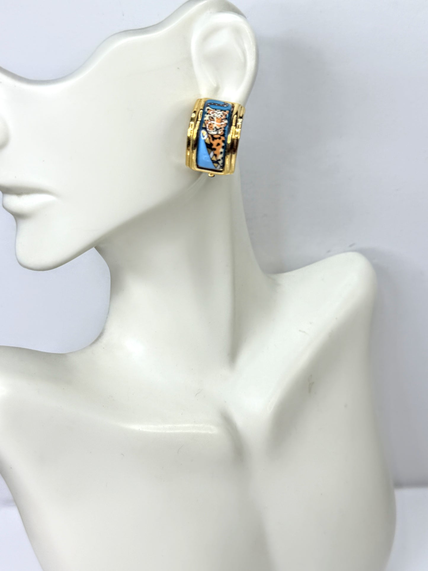 Vintage Hermès Leopard Cloisonné Enamel Gold Clip Earrings Made in France GS831